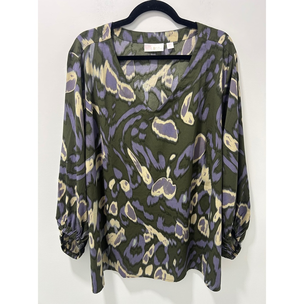 Belle by Kim Gravel V-Neck Abstract Print Blouse Olive Purple 2X